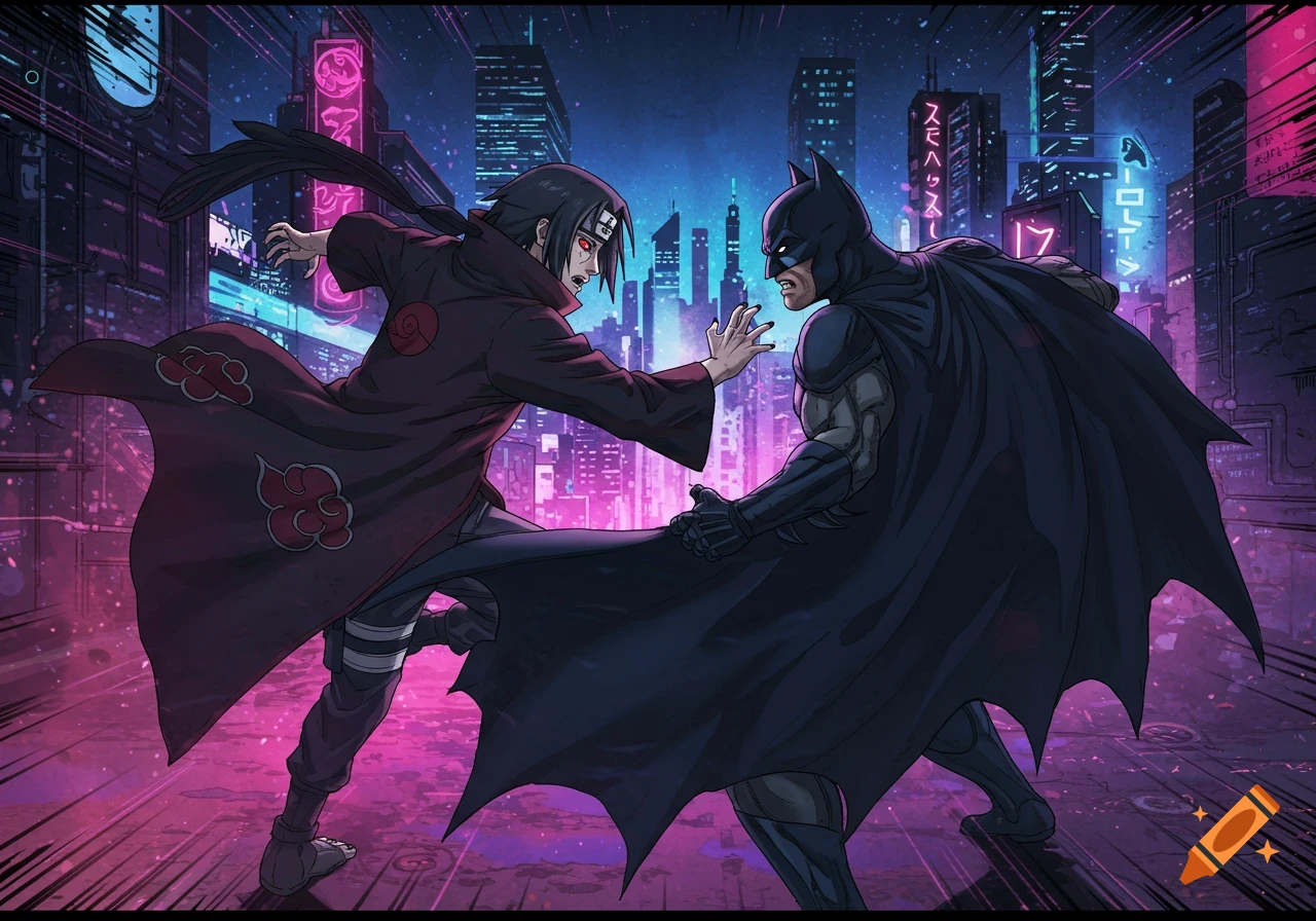 Itachi Uchiha and Batman face off in a futuristic cyberpunk city with neon lights, in a comic book illustration style.