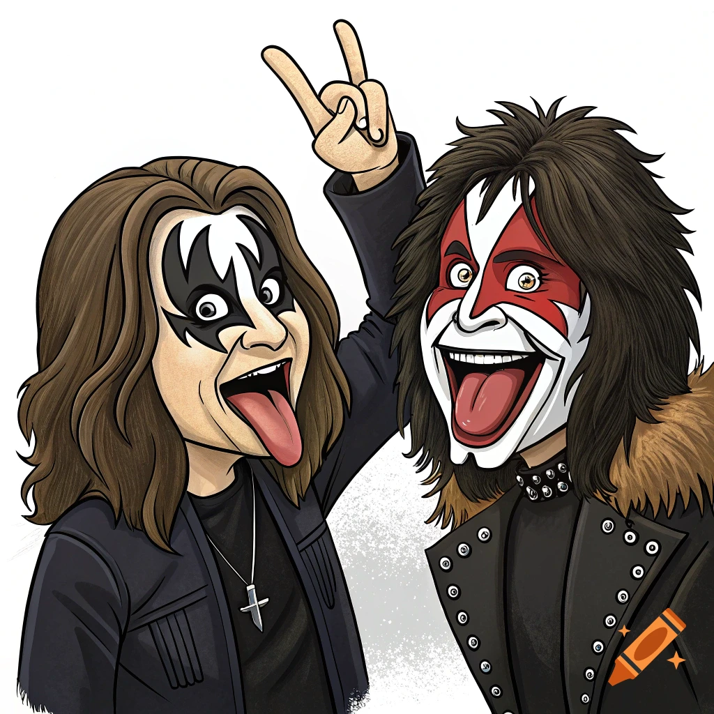 A cartoon of Ozzy Osbourne with black face paint and Gene Simmons with red and white face paint, both making rock poses.