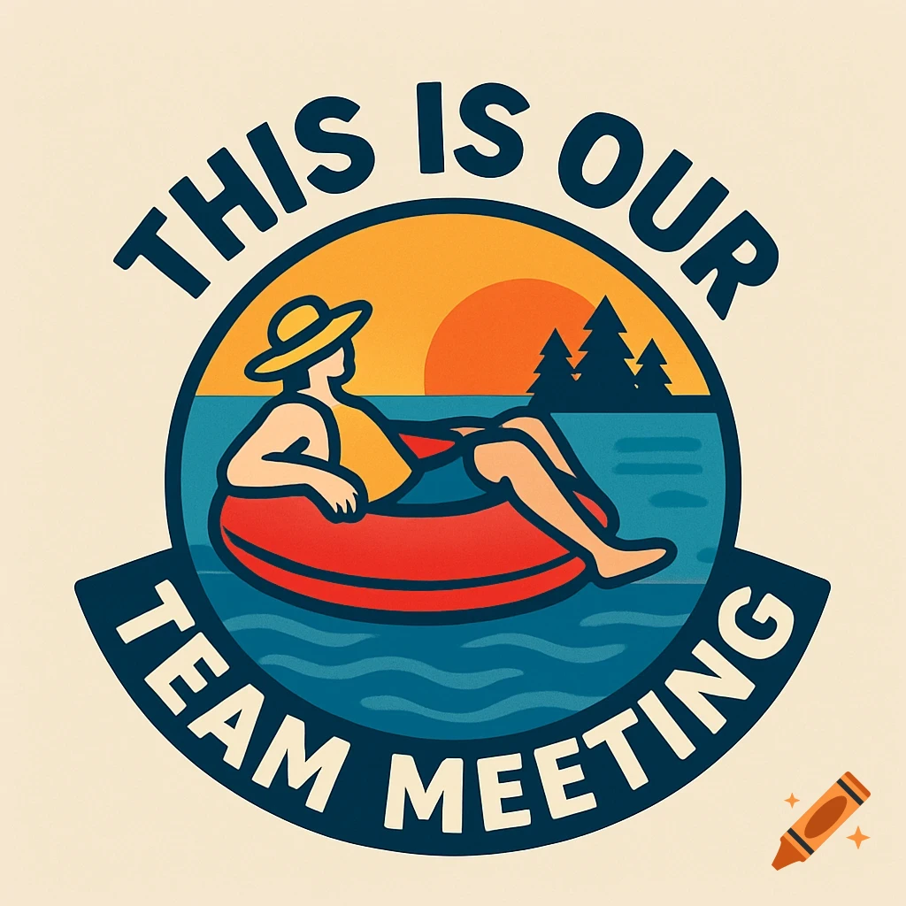 Stylized logo with a person floating in a tube on water under a sunset, surrounded by text 'THIS IS OUR TEAM MEETING'.