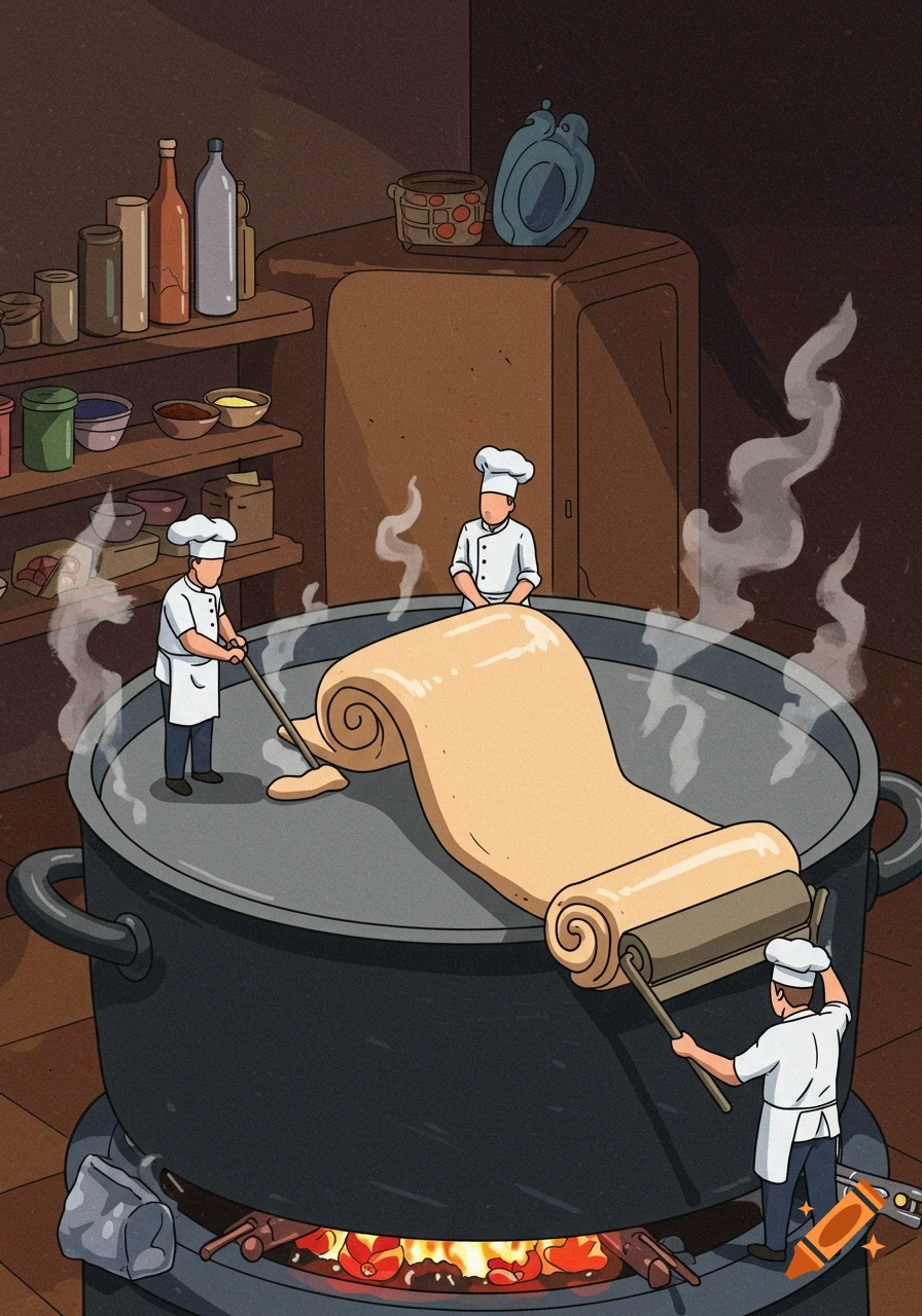 Cartoon image of tiny chefs sealing a giant pot with a long roll of dough, with steam rising from the fire below.