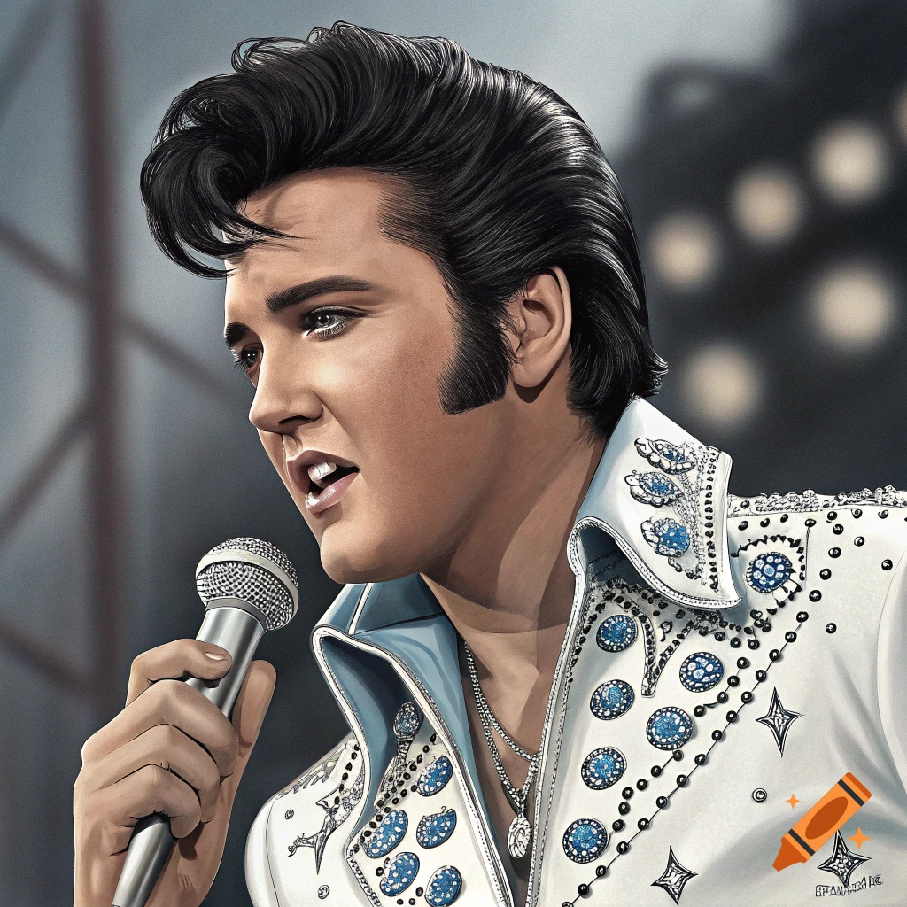 Stylized portrait of Elvis Presley singing into a microphone, wearing a white suit with blue and silver embellishments.