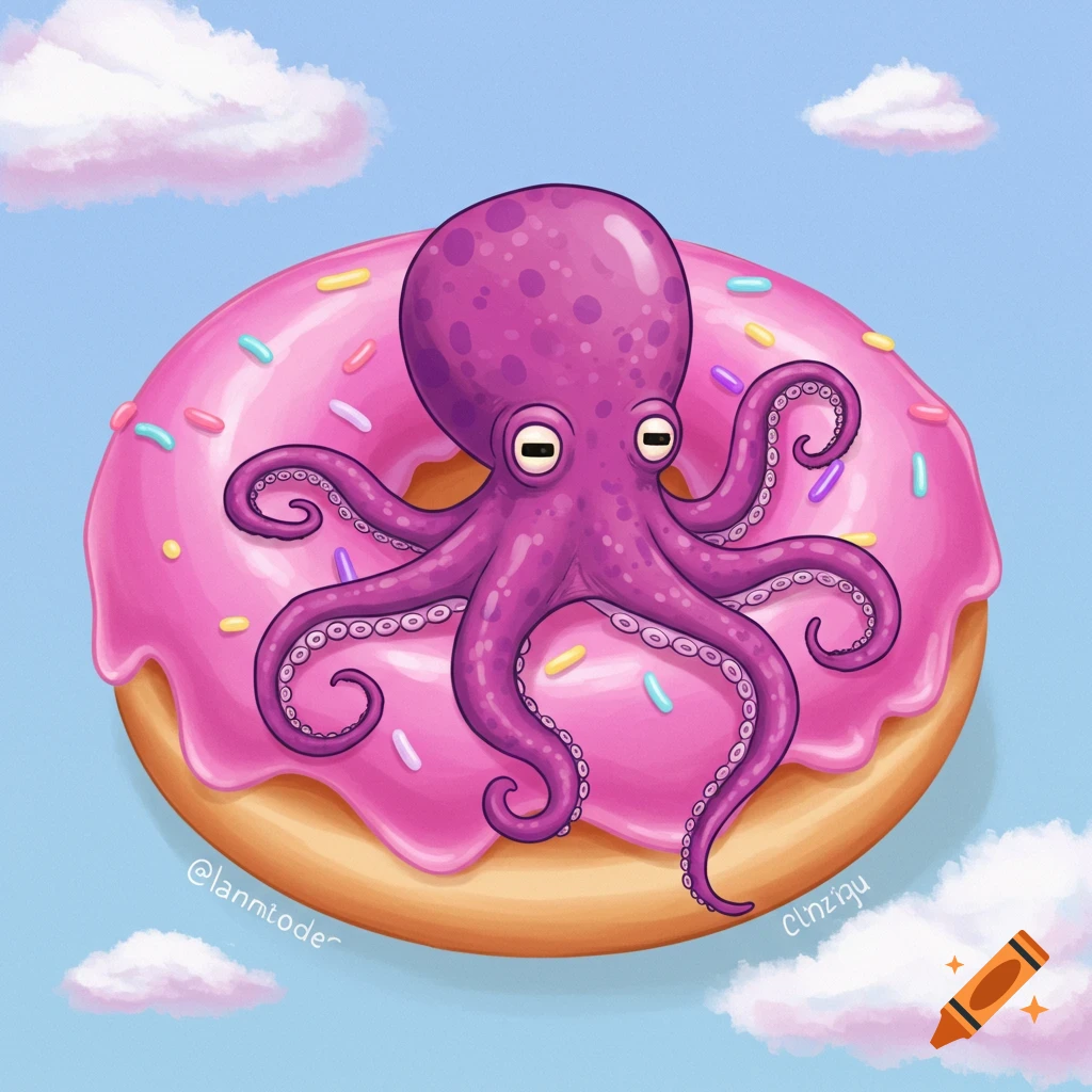 A whimsical illustration of a purple octopus sitting on a pink frosted donut with sprinkles, floating in a blue sky.