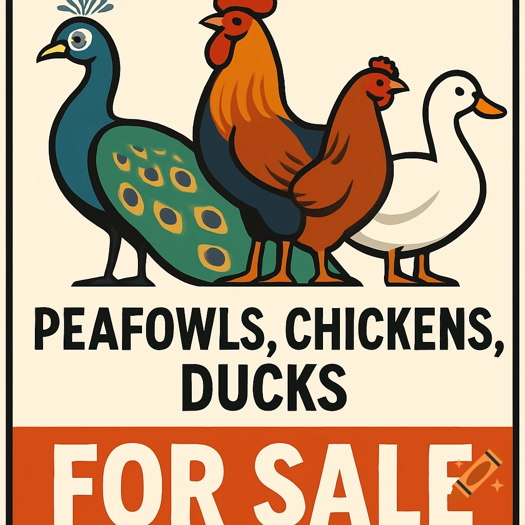 A stylized poster advertising peafowls, chickens, and ducks for sale, featuring illustrations of each bird.