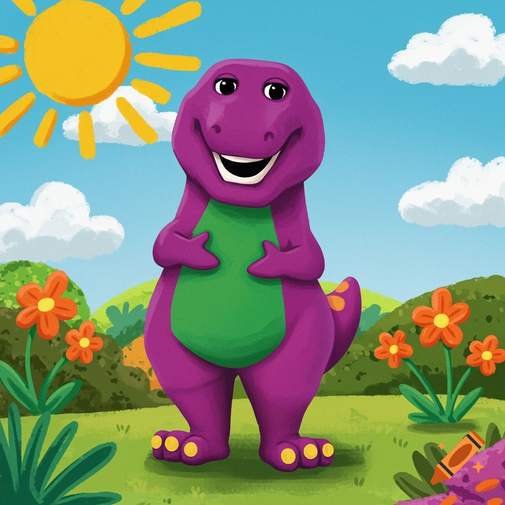 A smiling purple dinosaur with a green belly stands in a vibrant green field with colorful flowers under a bright sunny sky.