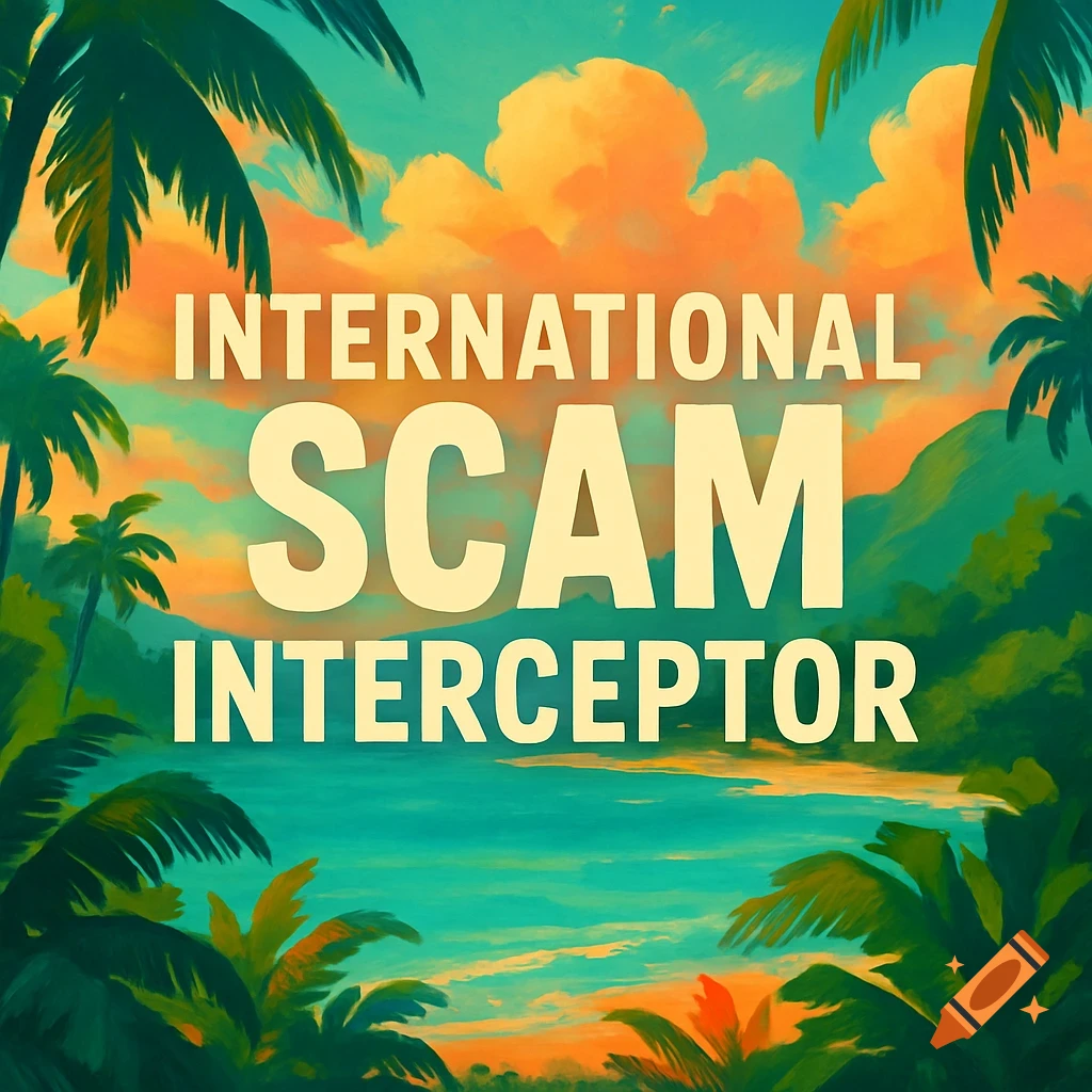 Illustration of a vibrant tropical landscape with palm trees, ocean, and mountains under a colorful sky, with the text 'INTERNATIONAL SCAM INTERCEPTOR'.