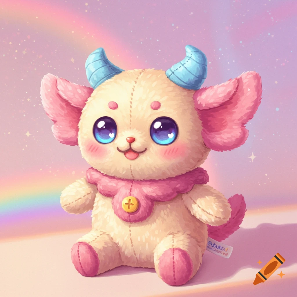 A cute, cream-colored plush toy with large blue eyes, pink ears, and blue horns sits against a pastel rainbow background.