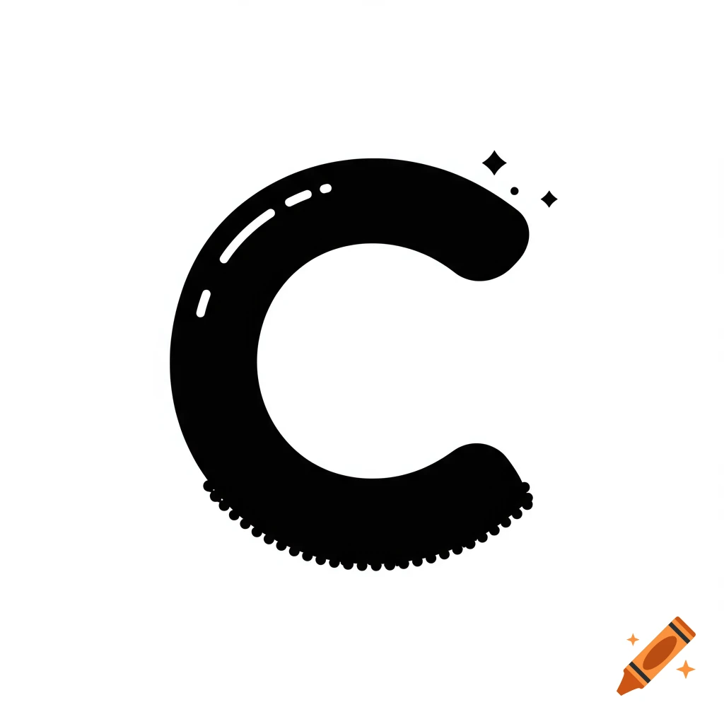A black and white stylized letter C with dashes and sparkles at the top and a textured, bubbly bottom.