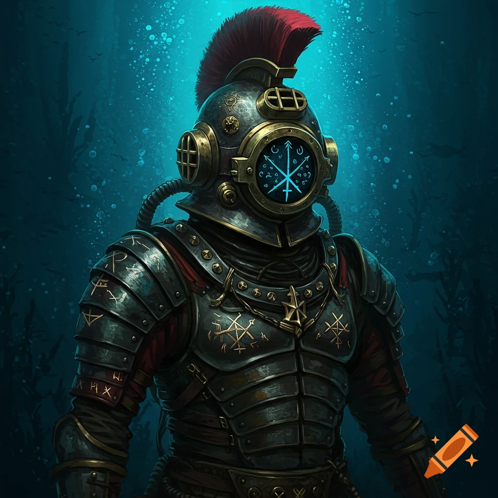 A stylized deep sea diving suit with gladiator armor and cultist symbols stands underwater, with red mohawk and glowing blue symbol on helmet.