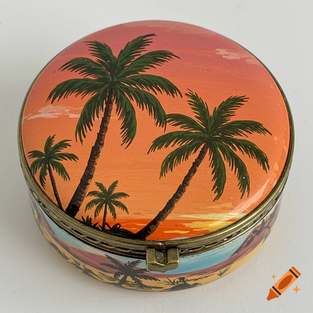 A round trinket box with a painted lid featuring silhouetted palm trees against an orange and pink sunset.