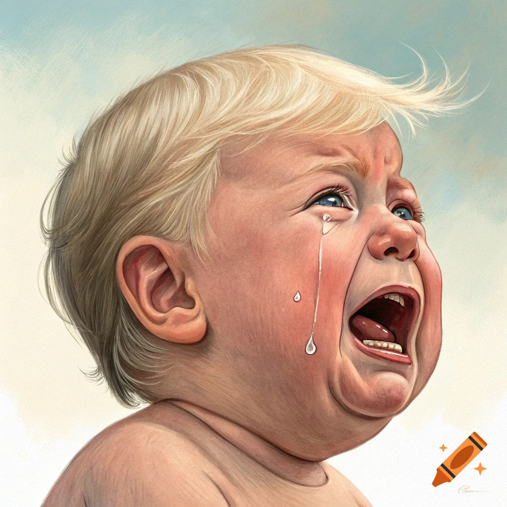 A detailed illustration of a crying baby with blonde hair, tears streaming down its cheeks, looking up with an open mouth.