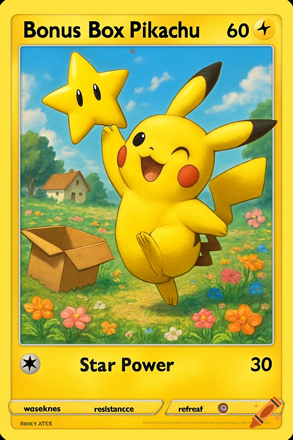 A custom yellow Pokemon card featuring a joyful Pikachu holding a Mario Star, running away from an open cardboard box in a field with flowers and a small house.