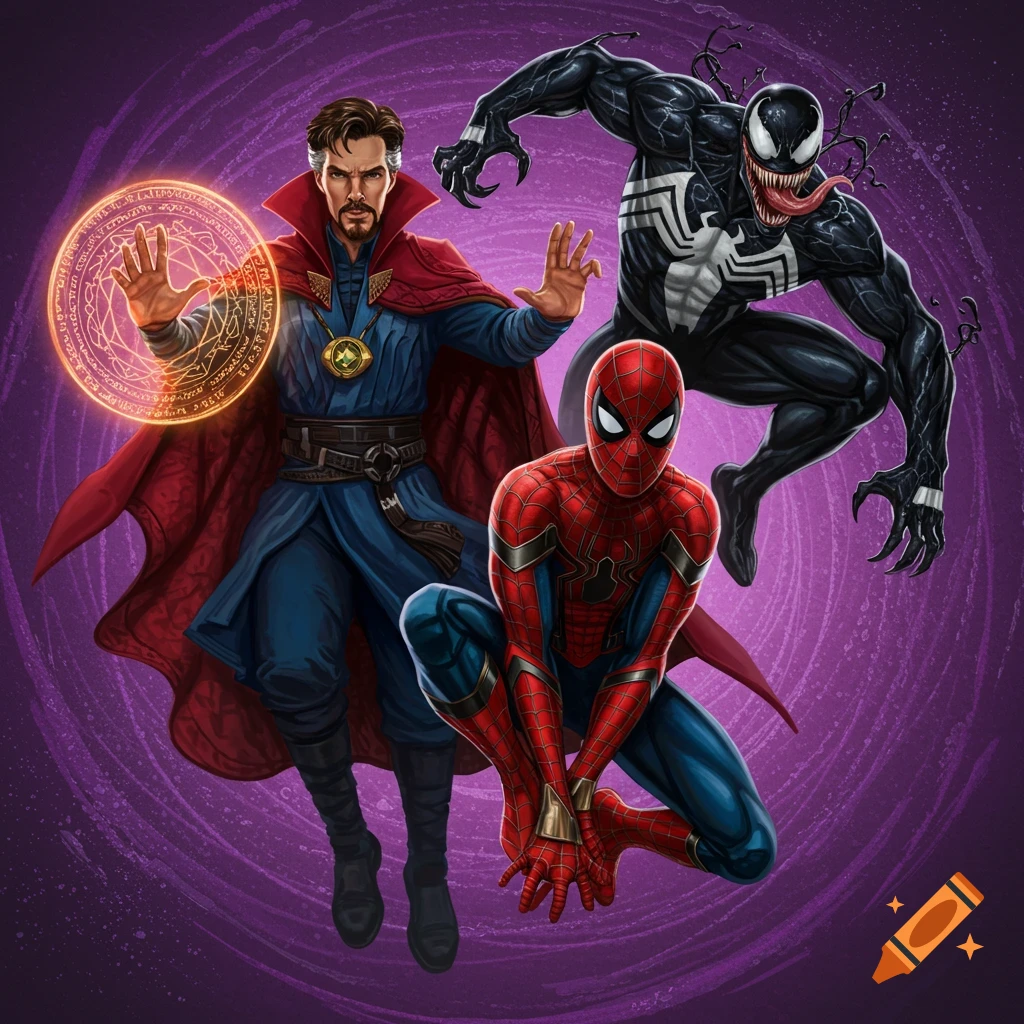 Doctor Strange casting a glowing orange spell, Spider-Man crouching, and Venom leaping in a dynamic comic book style on a purple background.