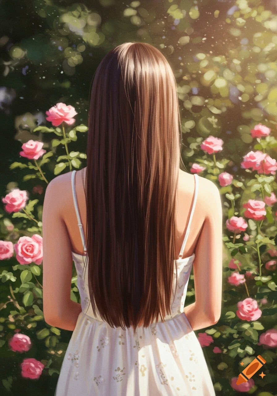 A girl with long brown hair stands with her back to the viewer in a lush rose garden, wearing a white dress.