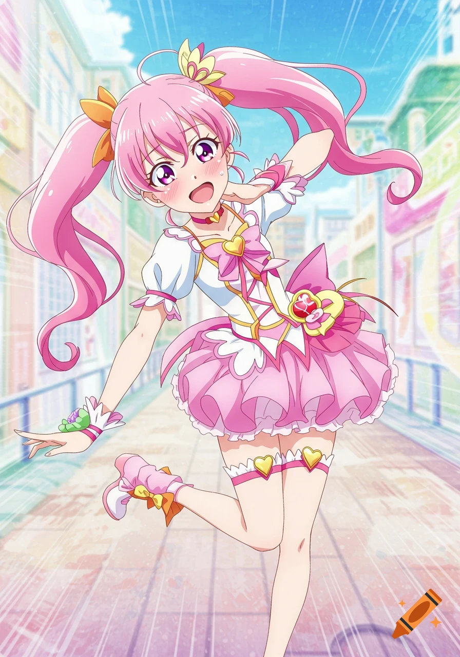 A cheerful anime girl with long pink pigtails, wearing a white and pink frilly dress with heart accents, smiles and poses outdoors.