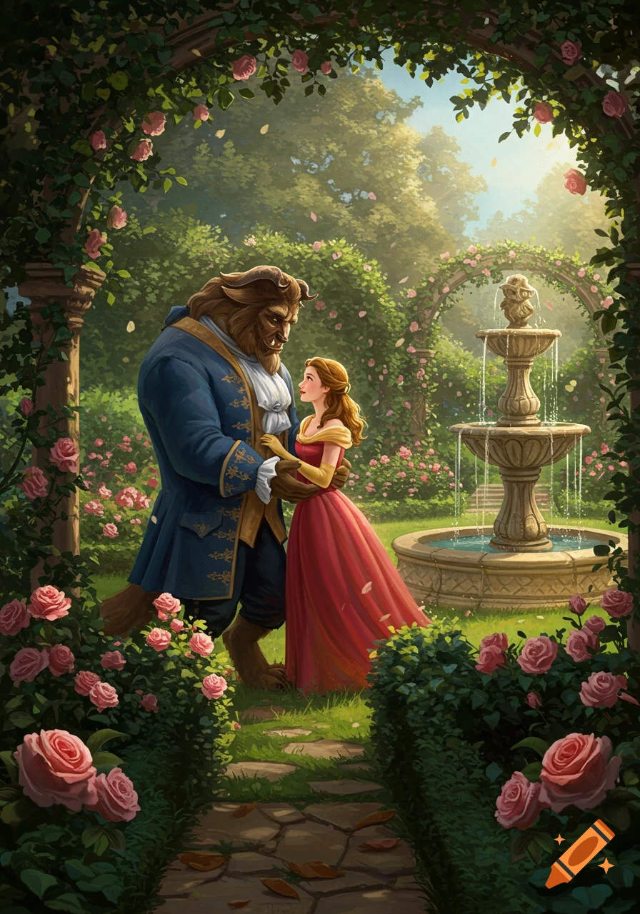Belle and the Beast stand holding hands in a lush, rose-filled garden with a fountain and stone path, in an illustrated fairytale style.