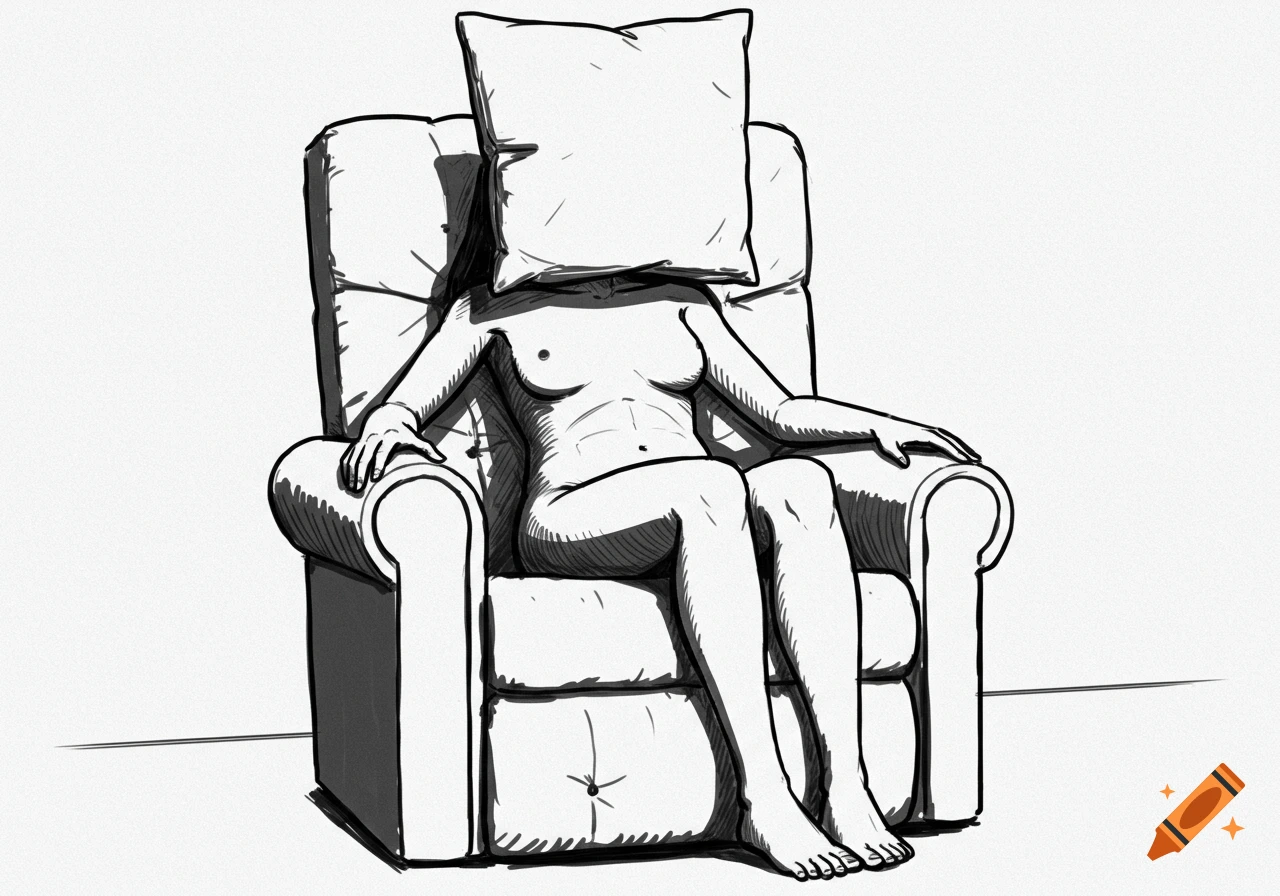 A black and white sketch of a nude female figure sitting in a recliner with a pillow covering her face.