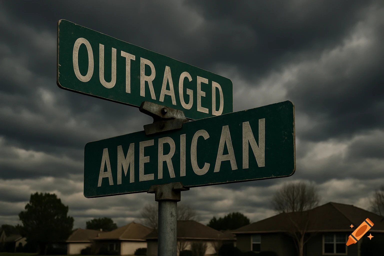 Photorealistic image of green cross street signs reading OUTRAGED and AMERICAN, set against a dark, cloudy sky above a suburban neighborhood.
