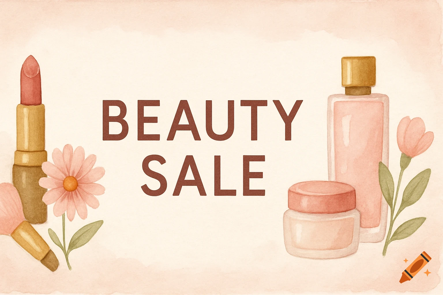 Watercolor illustration of beauty products and flowers with 'BEAUTY SALE' text.