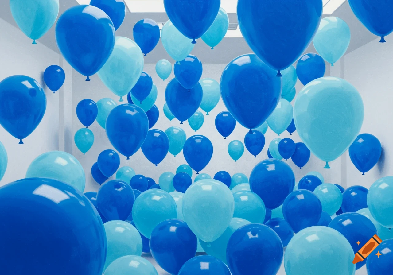 A white room is filled with numerous blue and light blue balloons floating in the air.