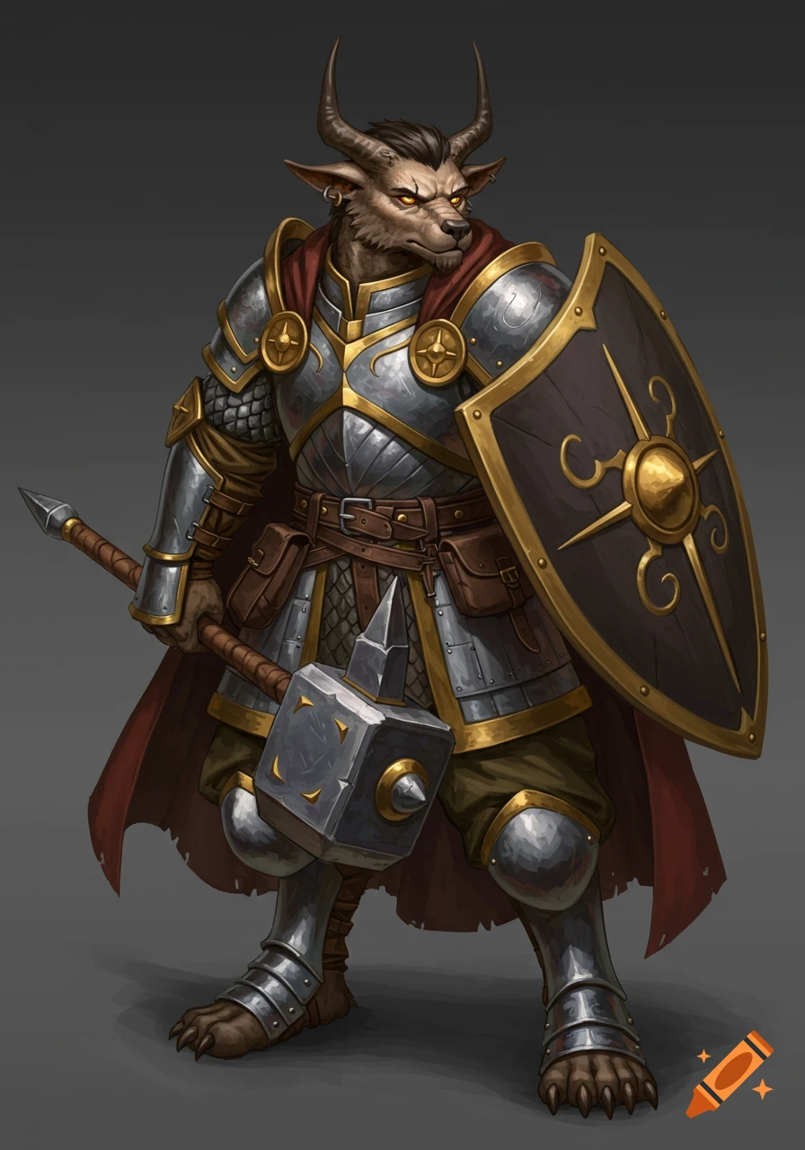 A fantasy illustration of a firbolg cleric in shining silver and gold armor, holding a warhammer and shield.