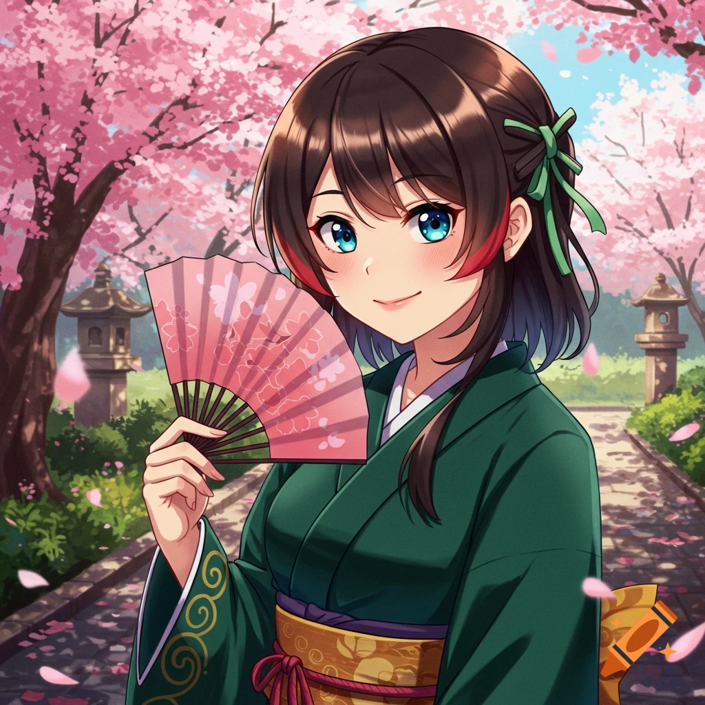 An anime girl in a green kimono holding a pink fan under blooming cherry blossom trees.