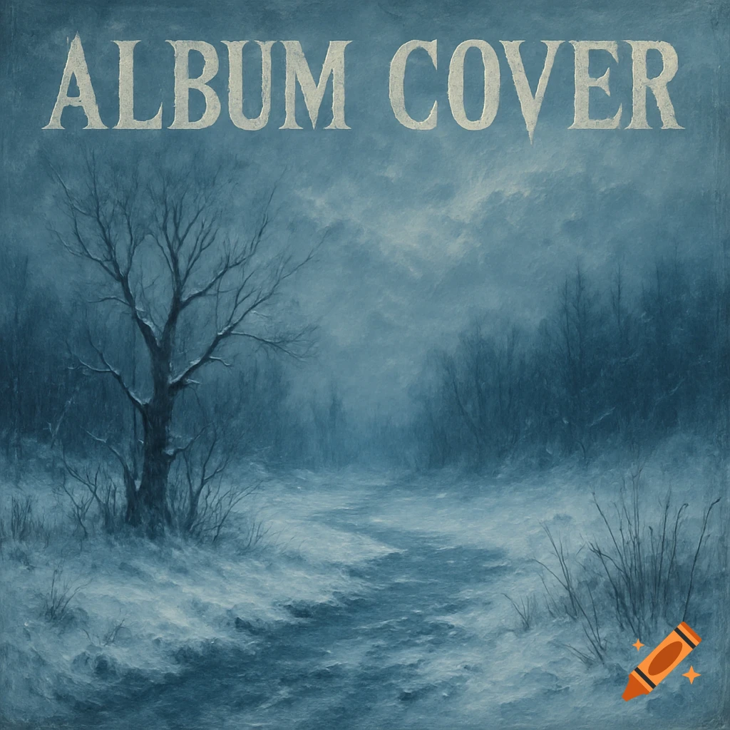 Text "ALBUM COVER" over a blue-toned painting of a snowy winter forest path with a bare tree.