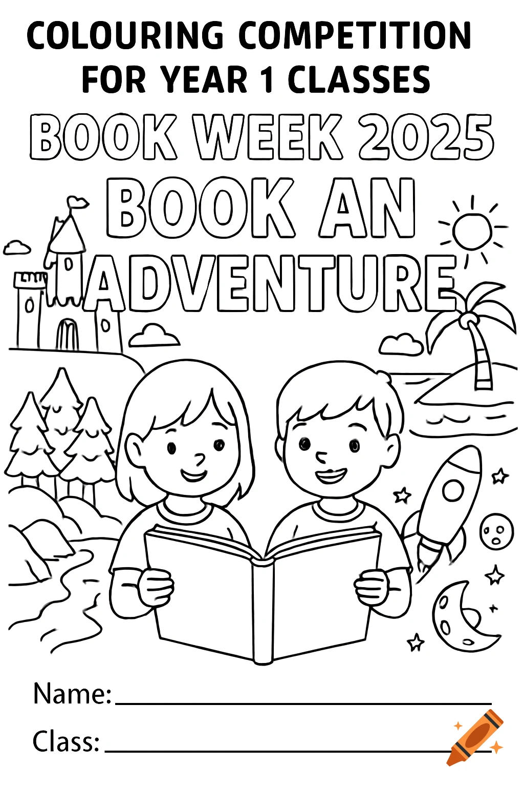 A black and white coloring page showing a boy and girl reading a book, surrounded by adventure scenes like a castle, rocket, and island.