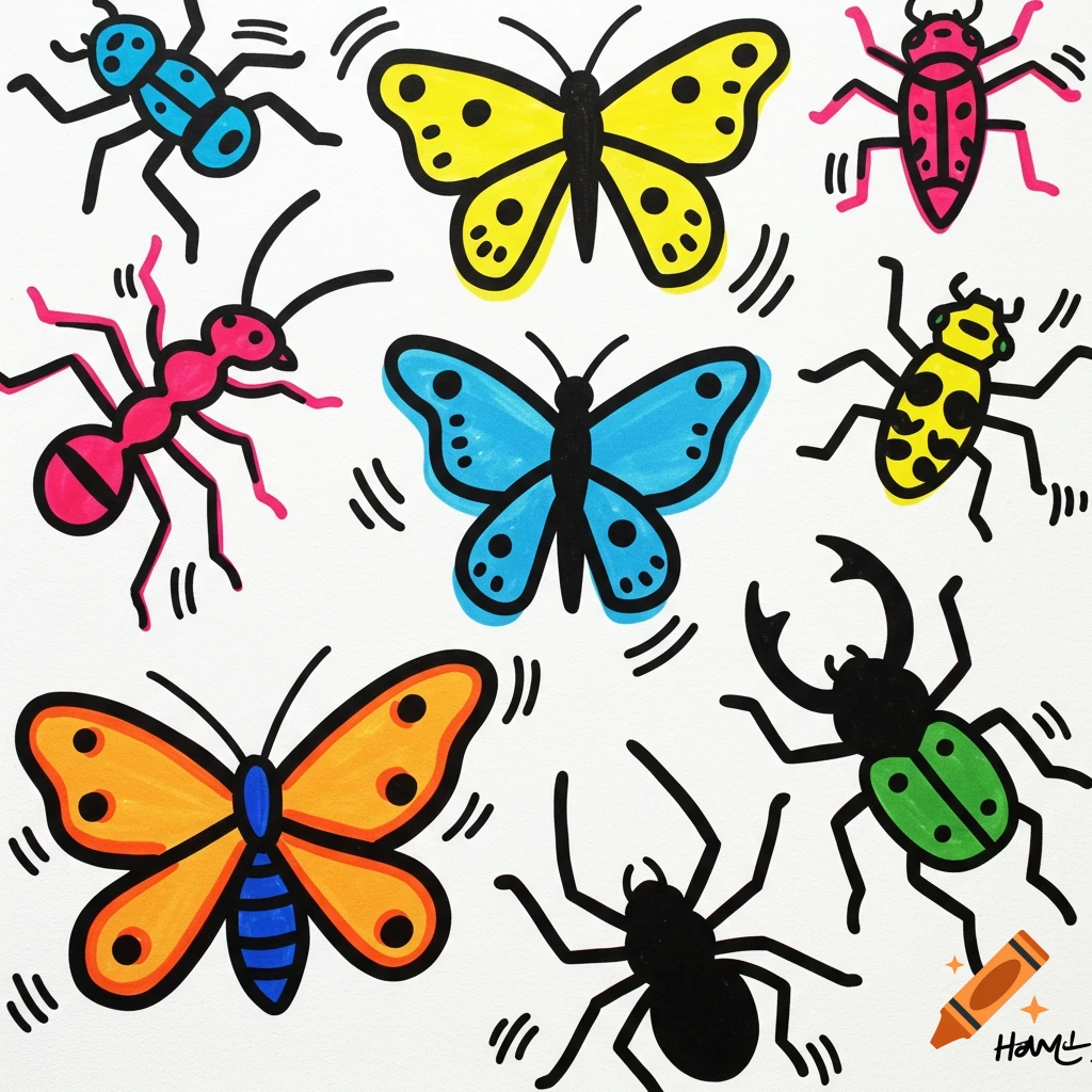 Colorful stylized insects including butterflies, ants, and beetles, with bold outlines and radiating lines, in the Keith Haring style.