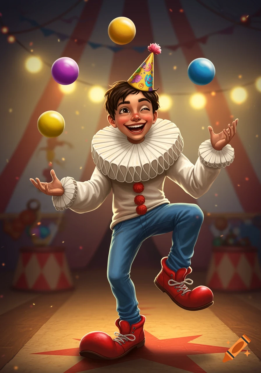 A cartoon boy dressed as a clown in an oversized ruffled collar, party hat, and large red shoes juggles colorful balls inside a circus tent.