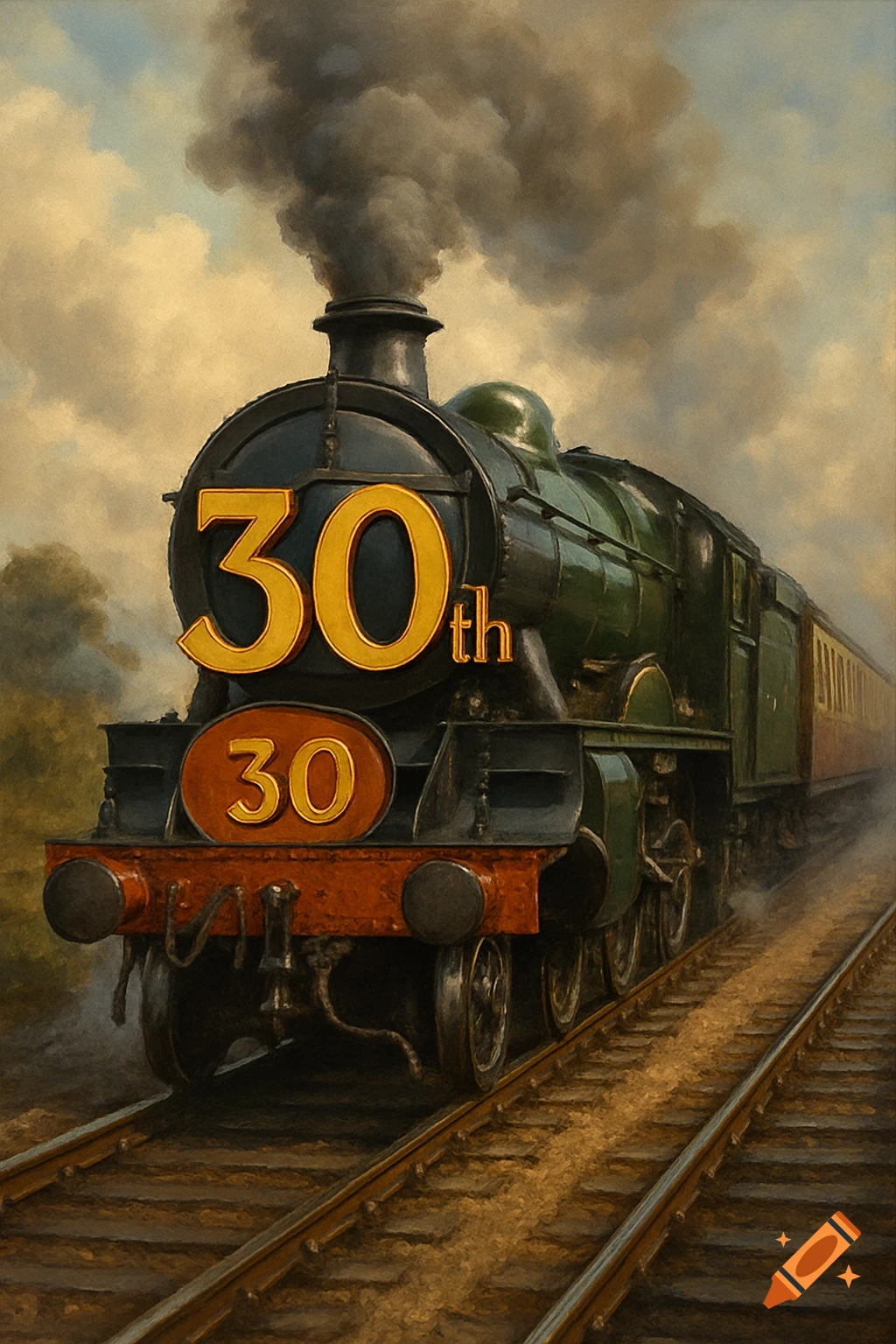 A dark green British steam train with a golden '30th' on its front and a '30' below, rendered in a painterly style.
