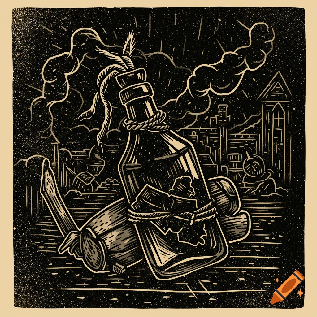 A stylized woodcut illustration of a Molotov cocktail and a wooden club, with a medieval city in the background under a smoky sky.