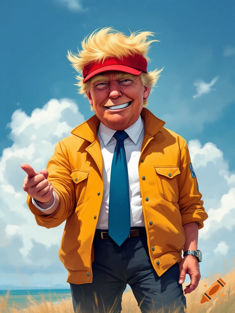 Caricature of Donald Trump dressed as Ash Ketchum, smiling and pointing in a field.