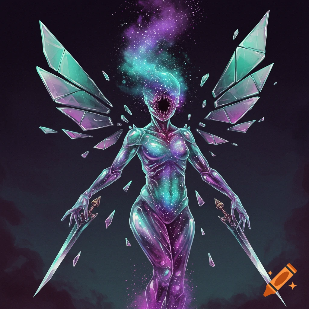 A surreal, alien-like creature with a transparent, galaxy-filled body and sharp teeth where its face should be. It has broken glass wings and holds two swords, against a dark, cosmic background.