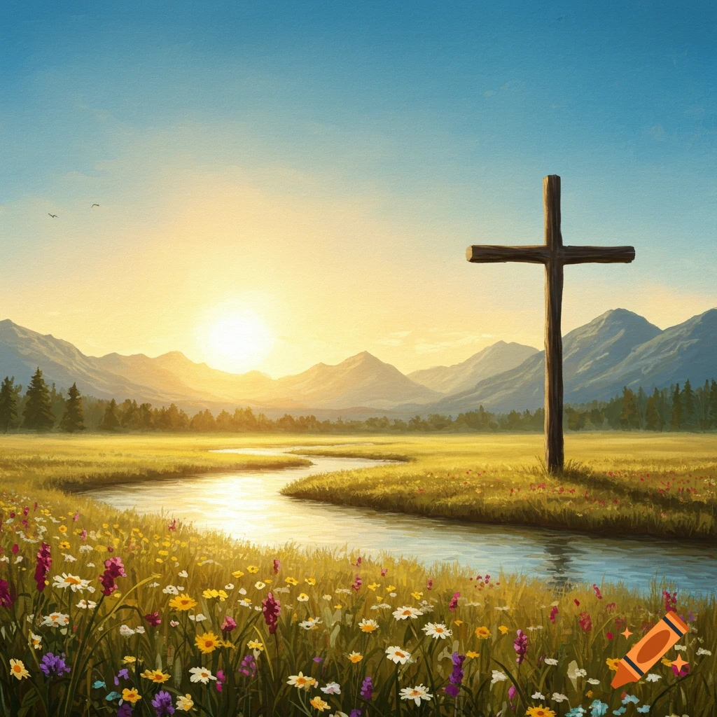 A wooden cross in a field of wildflowers with a winding river, mountains, and a bright sunrise in the background, painted style.