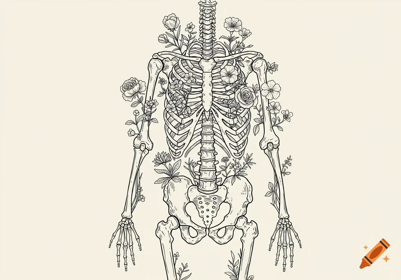 A line drawing of a human skeleton with flowers growing from its ribcage, pelvis, and joints, set against a light background.