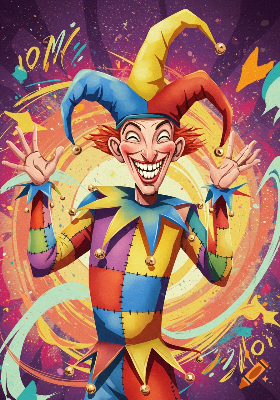 A vibrant, grinning jester in a colorful patchwork costume and pointed hat, with arms outstretched, against a swirling, splashy purple and orange background.