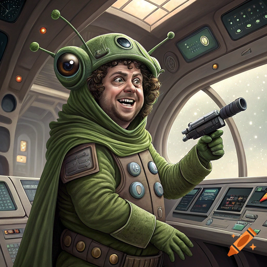 A man resembling Danny McBride in a green alien-like helmet with large eyes and a green cape, piloting a spaceship with a blaster gun in hand, smiling.