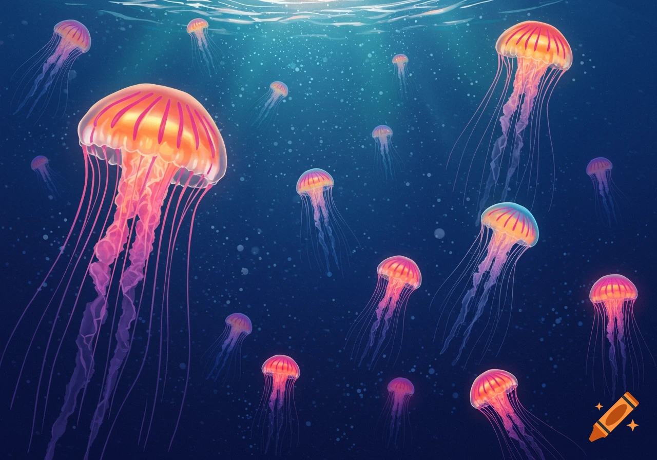 Many vibrant, translucent jellyfish swim in a deep blue ocean with light rays filtering from the surface.