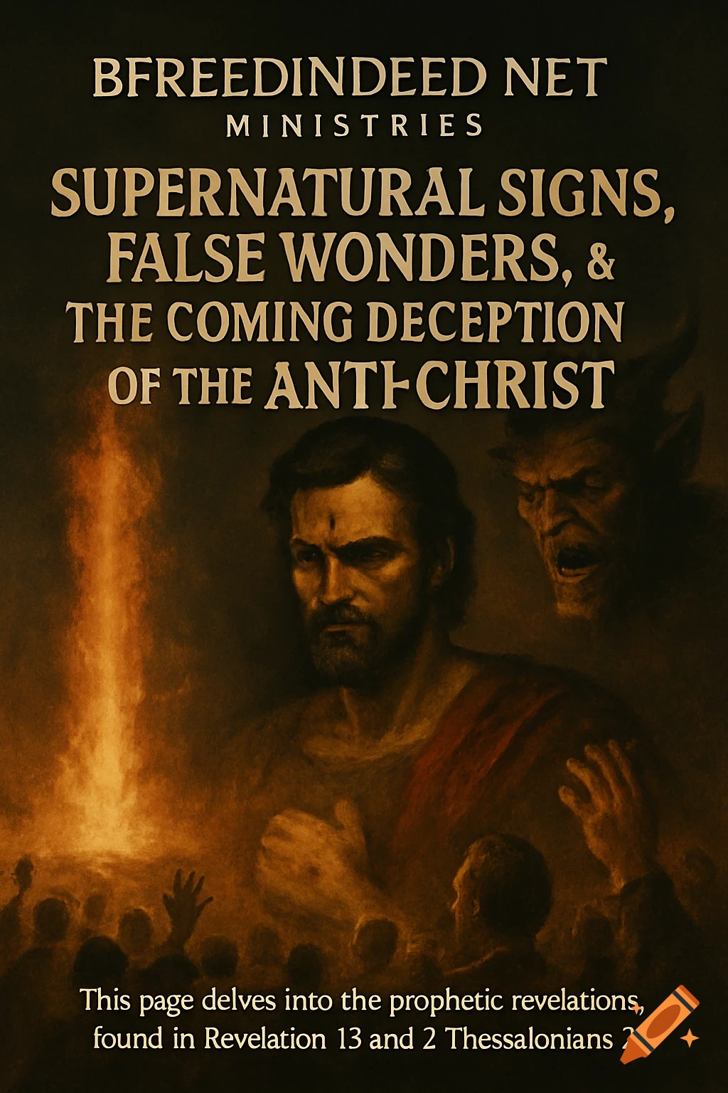 A dark, dramatic image of a Jesus-like figure with a fiery column beside him, and a demonic figure behind him. A crowd of people are below, hands raised. Text overlays the image.