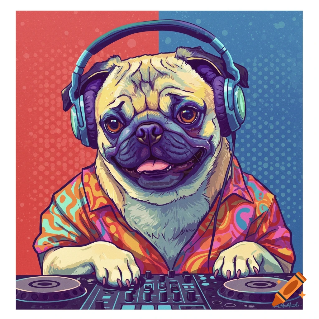A cheerful pug dog wearing headphones and a vibrant shirt, standing at a DJ mixer, in a colorful pop art style.