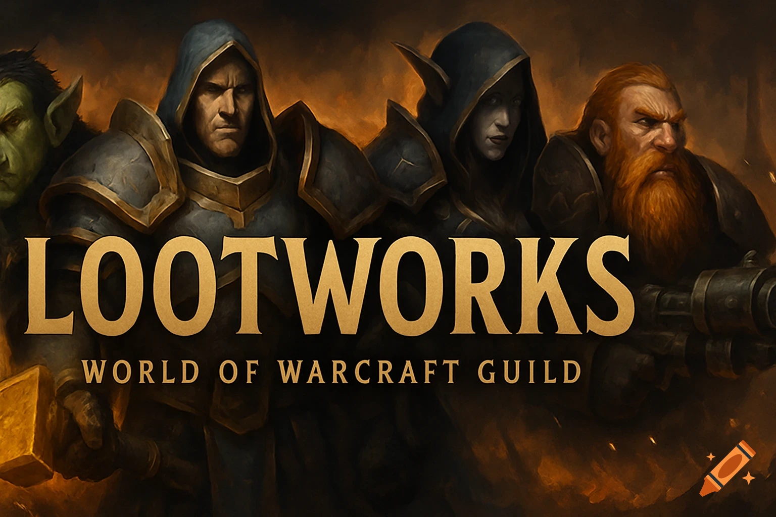Four armored fantasy characters (orc, human, elf, dwarf) with 'LOOTWORKS WORLD OF WARCRAFT GUILD' text.