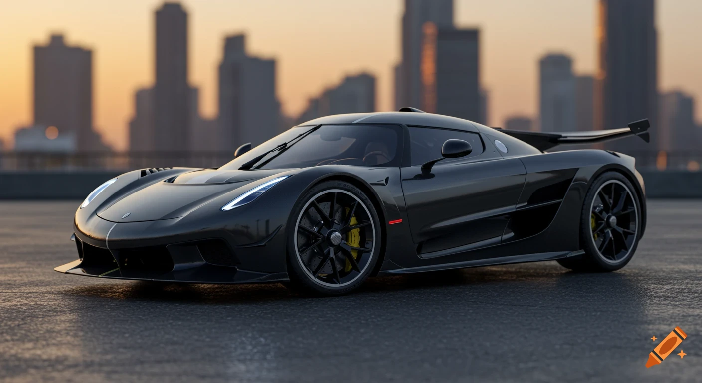 A photorealistic dark grey Koenigsegg Jesko supercar is parked on asphalt with a blurred city skyline at sunset.