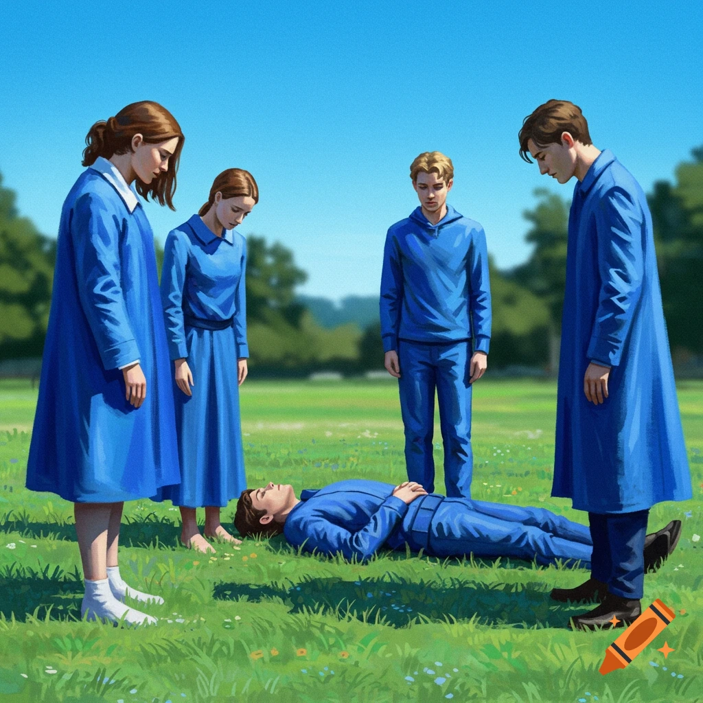 An illustration of four people in blue standing around a person in blue lying on green grass under a clear sky.
