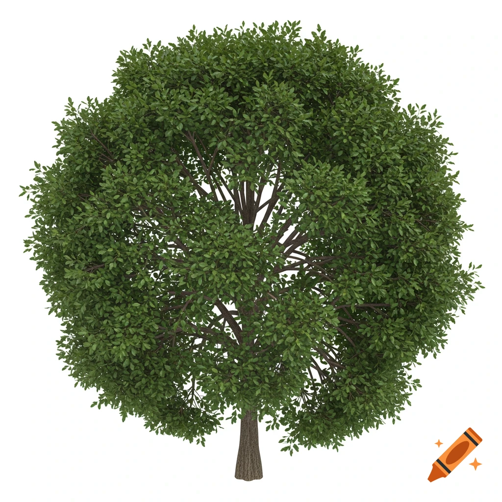 Realistic top-down view of a tree with green foliage and brown trunk on a white background.