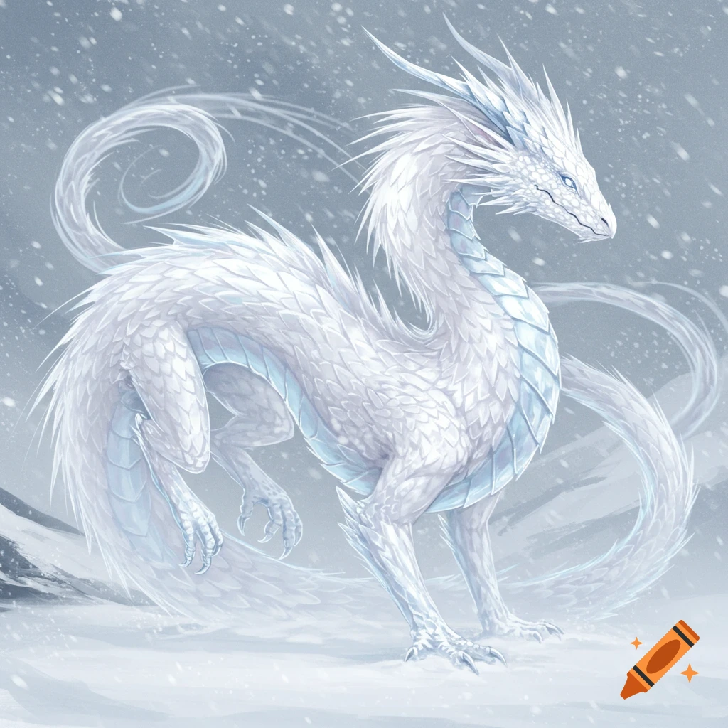 A majestic white dragon with intricate scales stands in a snowy blizzard, surrounded by swirling ice and snow.