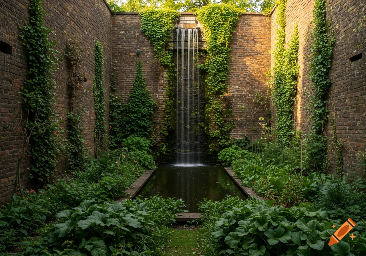 A photorealistic garden with a waterfall cascading into a rectangular pond, surrounded by tall ivy-covered brick walls and lush green plants.