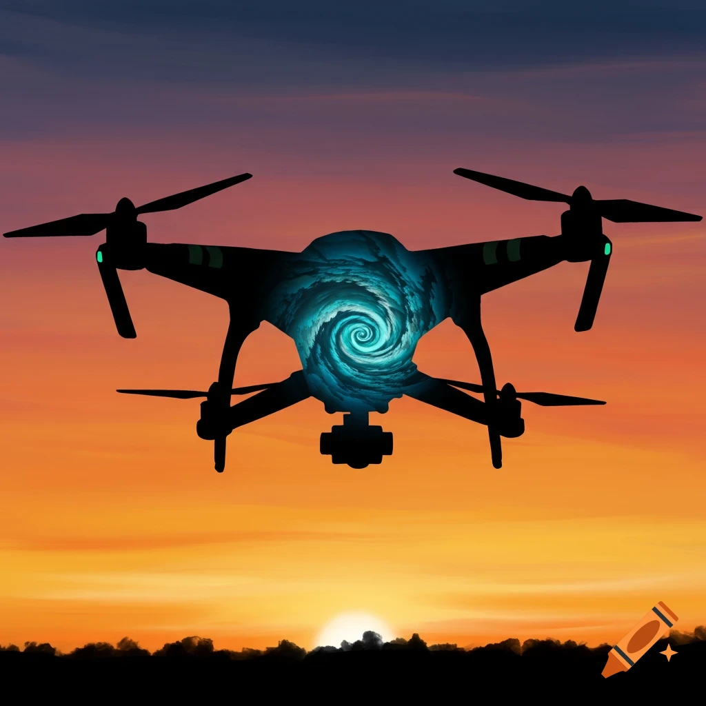 A dark drone silhouette with a glowing blue swirling vortex in its center, set against an orange and purple sunset sky.
