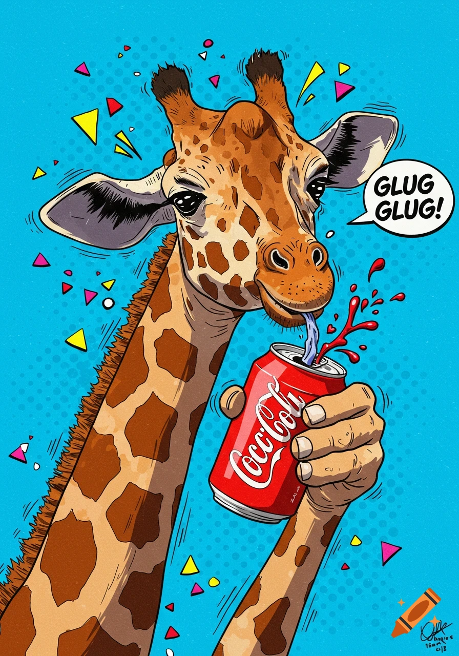 Pop art illustration of a giraffe drinking Coca-Cola from a red can, with 'GLUG GLUG!' in a speech bubble, on a blue background.