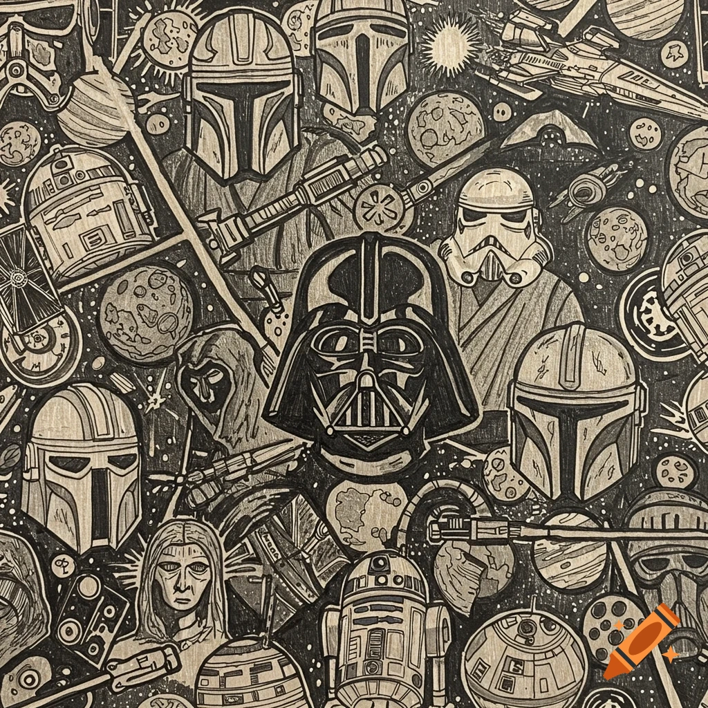 A detailed black and white Star Wars doodle pattern featuring Darth Vader, Mandalorians, Stormtroopers, droids, and spaceships in a dense composition.