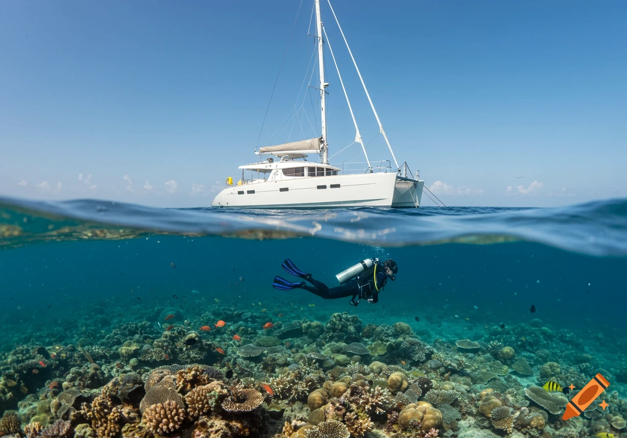 Split view of a scuba diver exploring a coral reef underwater, with a white catamaran sailboat floating on the surface.